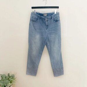 [Chico's] Light Wash Denim Tapered Straight Leg Embroidered Casual Jeans